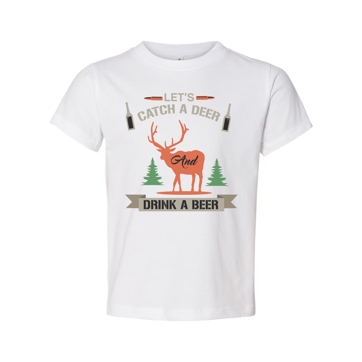 Hunting Themed Unisex T Shirt With Deer Silhouette Trees And Beer Banner Graphic