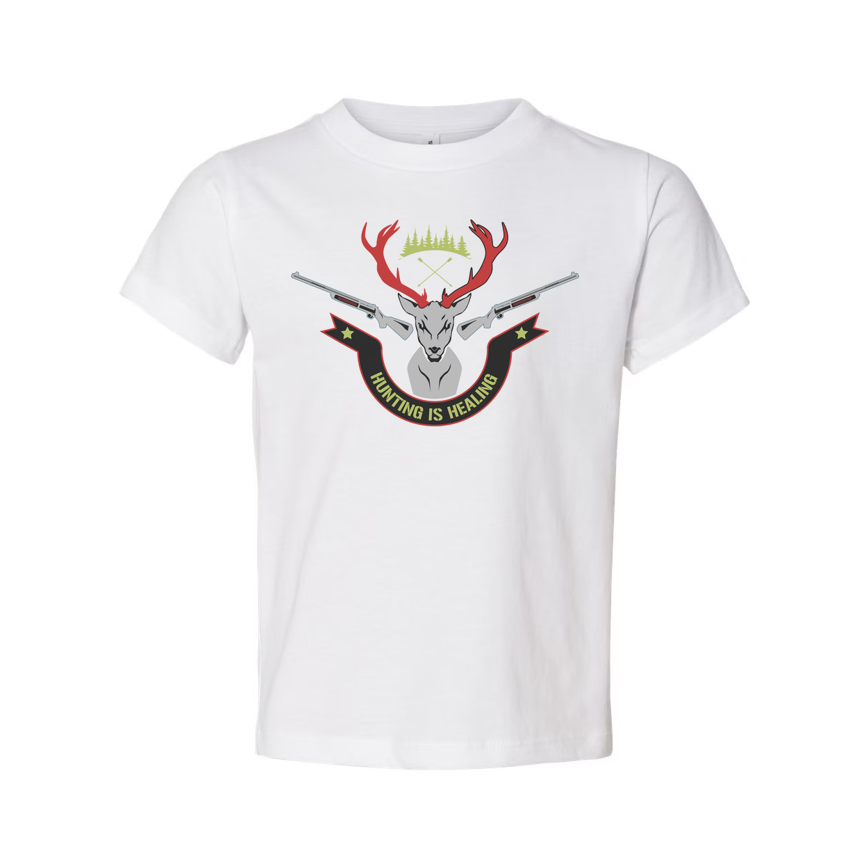 Unisex Hunting Graphic Tee With Deer Crest And Crossed Rifles Reading Hunting Is Healing