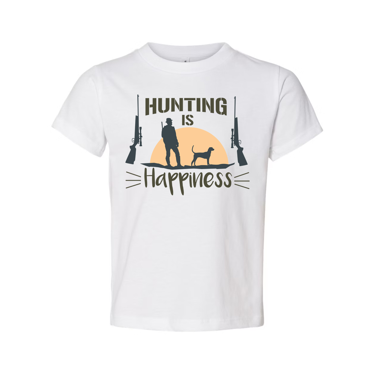 Hunting Is Happiness Unisex Graphic Tee With Hunter Silhouette, Dog, And Sunset Design