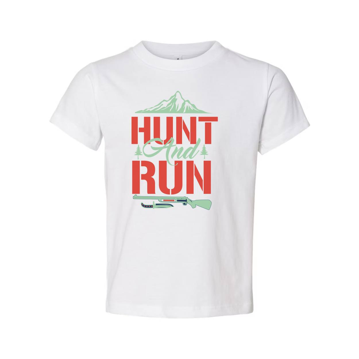 Hunt And Run Graphic Tee Featuring Mountain Landscape And Rifle Silhouette For Hunters