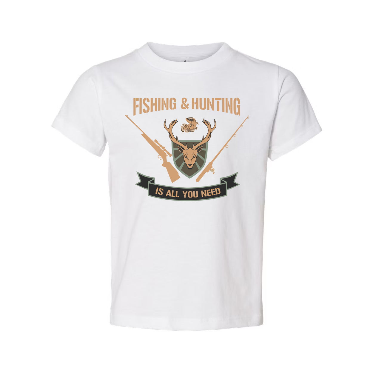 Fishing And Hunting Graphic Tee With Deer Crest Shield And Crossed Rifles For Outdoors Enthusiasts
