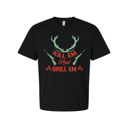 Hunting Unisex T Shirt Kill Em And Grill Em Design With Antlers And Rifles Graphic