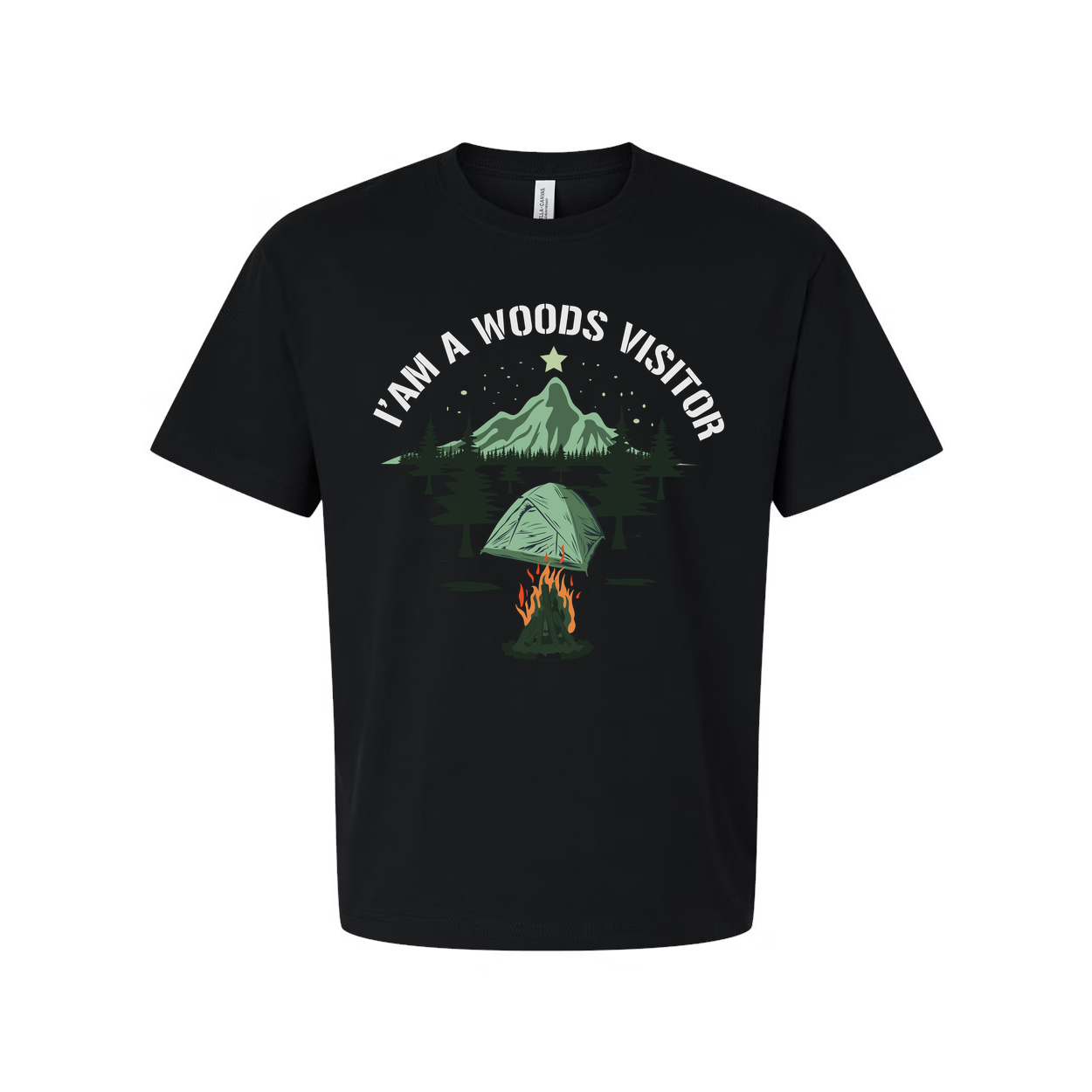 I Am A Woods Visitor Camping Tee With Tent Campfire And Mountain Forest Scenic Artwork