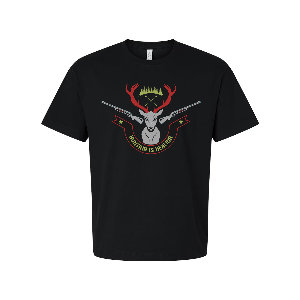 Unisex Hunting Graphic Tee With Deer Crest And Crossed Rifles Reading Hunting Is Healing