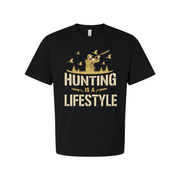 Hunting Is A Lifestyle Unisex T Shirt With Hunter Silhouette Birds Forest Scene Artwork