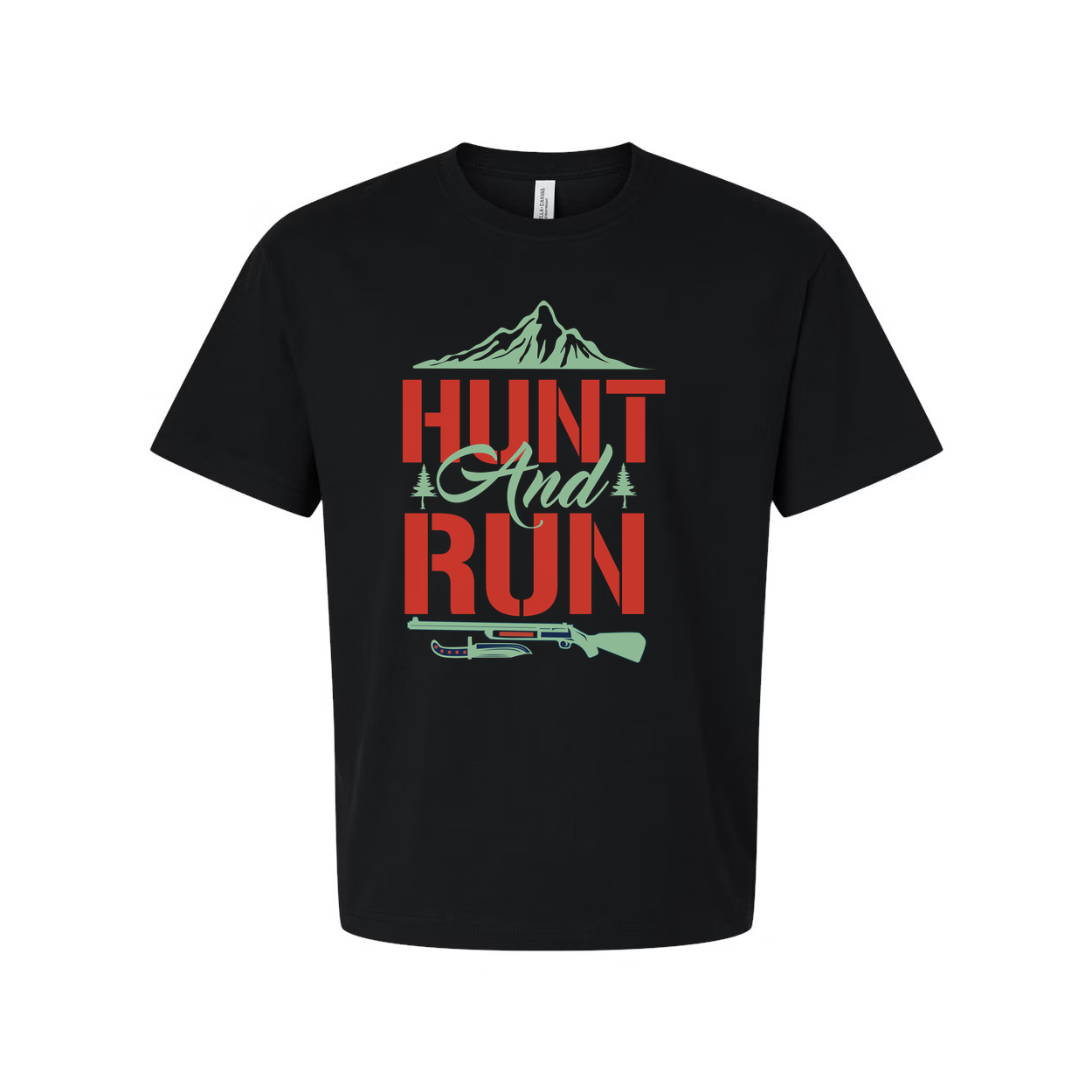 Hunt And Run Graphic Tee Featuring Mountain Landscape And Rifle Silhouette For Hunters
