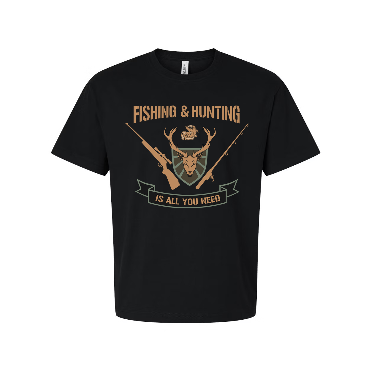 Fishing And Hunting Graphic Tee With Deer Crest Shield And Crossed Rifles For Outdoors Enthusiasts