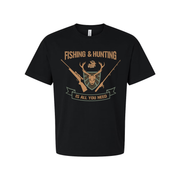 Fishing And Hunting Graphic Tee With Deer Crest Shield And Crossed Rifles For Outdoors Enthusiasts