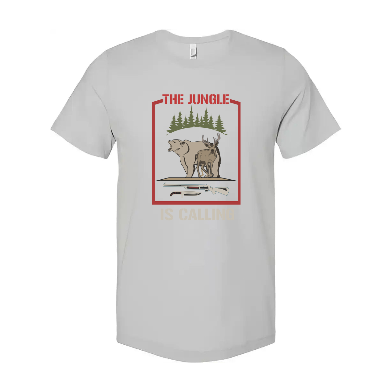 Unisex Hunting T Shirt With Jungle Scene And Forest Border Bear And Deer Illustration