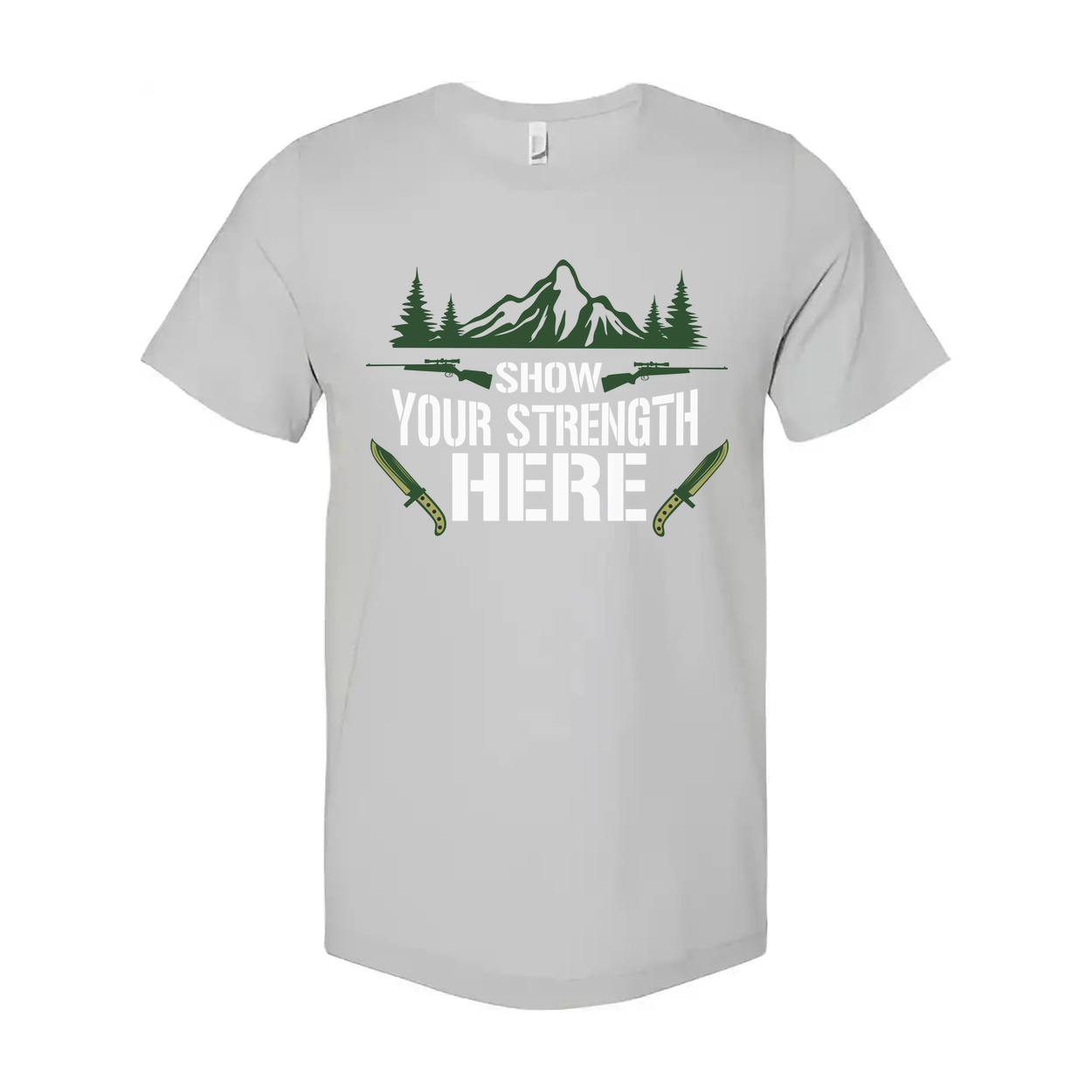 Hunting Unisex Graphic T Shirt With Mountain Scene And Knives Design
