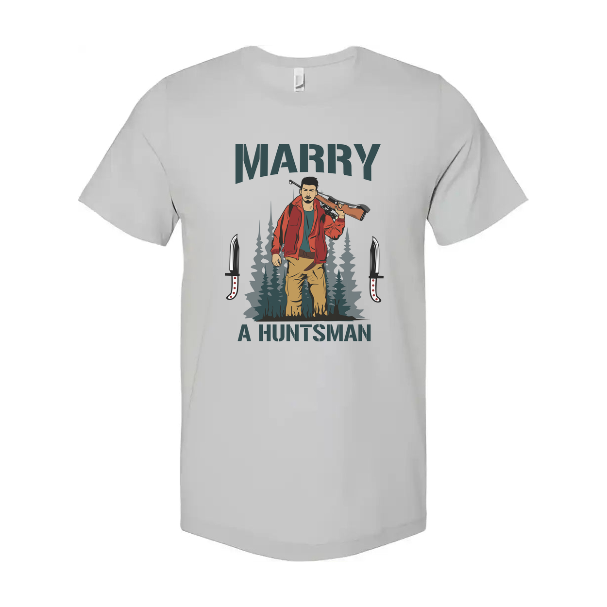 Marry A Huntsman Graphic Tee Unisex Hunting Themed Shirt With Forest Backdrop And Knife Motifs