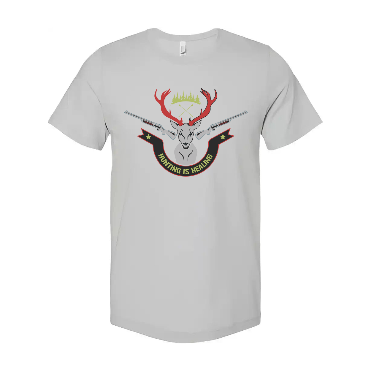 Unisex Hunting Graphic Tee With Deer Crest And Crossed Rifles Reading Hunting Is Healing