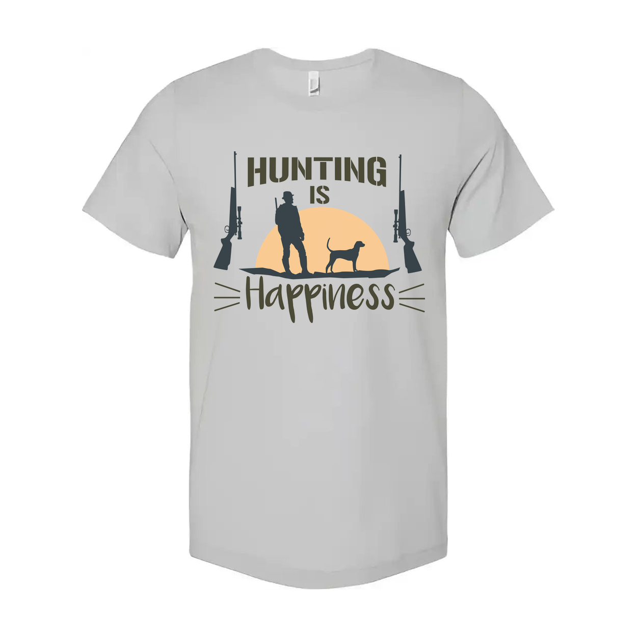 Hunting Is Happiness Unisex Graphic Tee With Hunter Silhouette, Dog, And Sunset Design