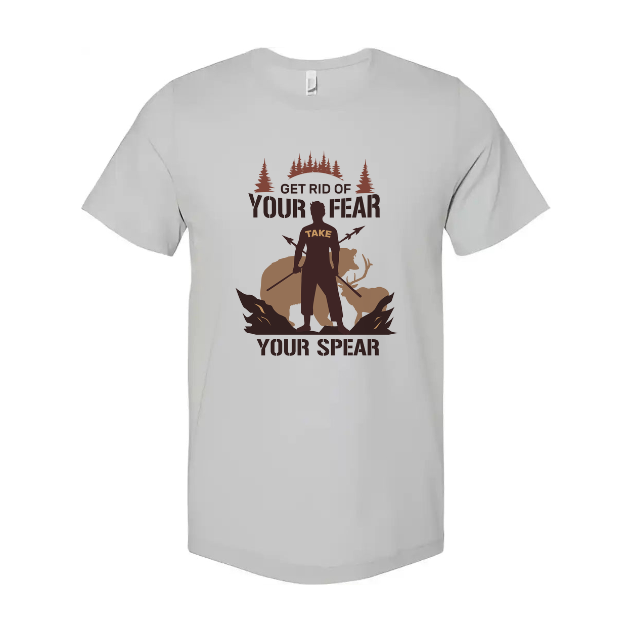 Hunting Graphic Tee With Silhouette Hunter Holding Spear In Forest Scene Artwork
