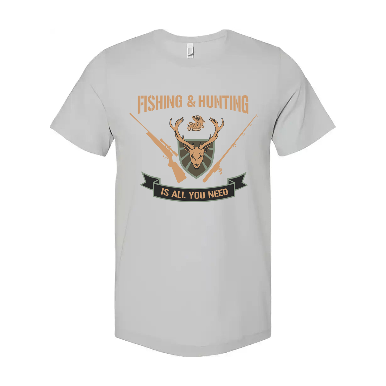 Fishing And Hunting Graphic Tee With Deer Crest Shield And Crossed Rifles For Outdoors Enthusiasts