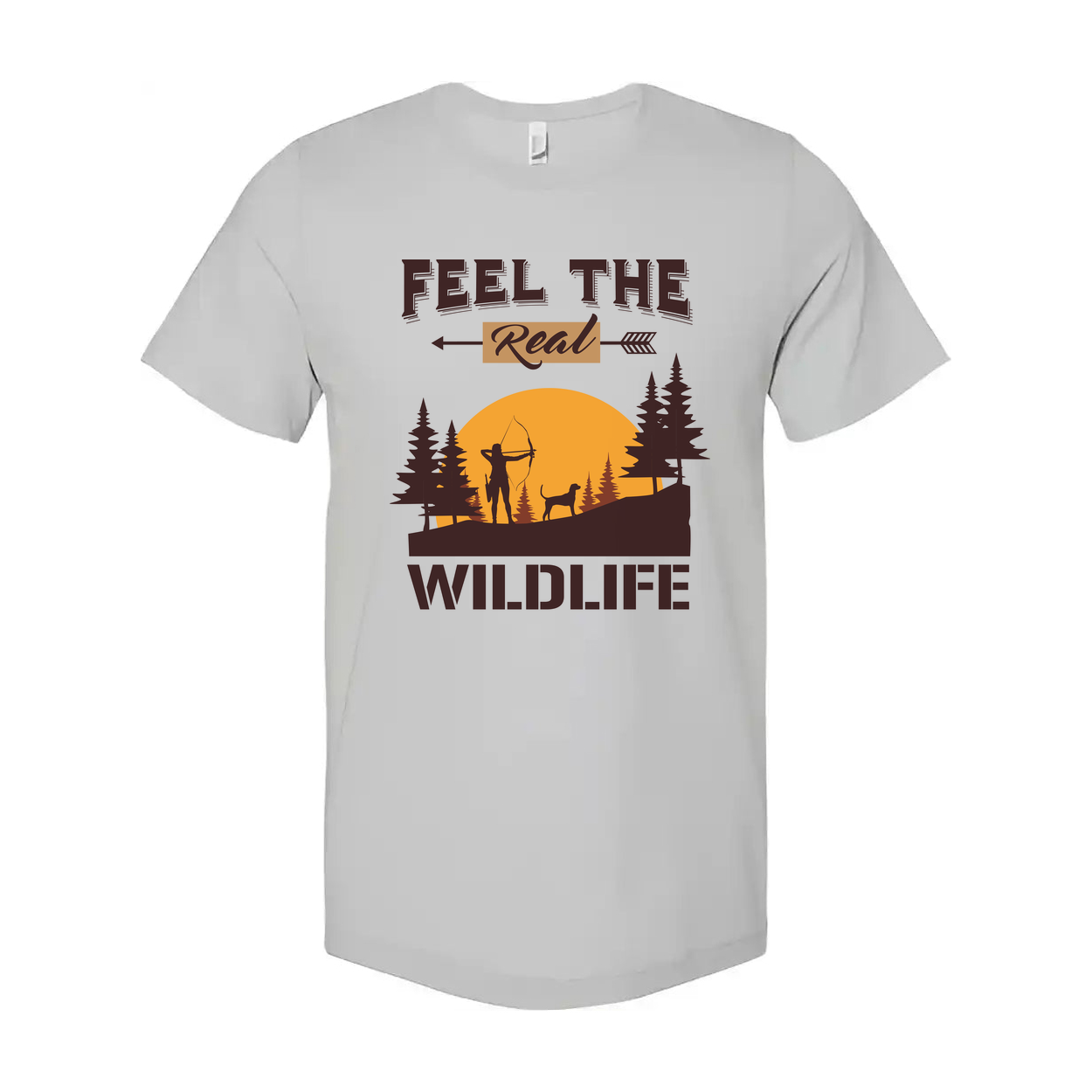 Feel The Real Wildlife Hunting Graphic Tee Unisex Sunset Archer Silhouette With Dog