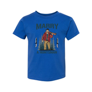 Marry A Huntsman Graphic Tee Unisex Hunting Themed Shirt With Forest Backdrop And Knife Motifs