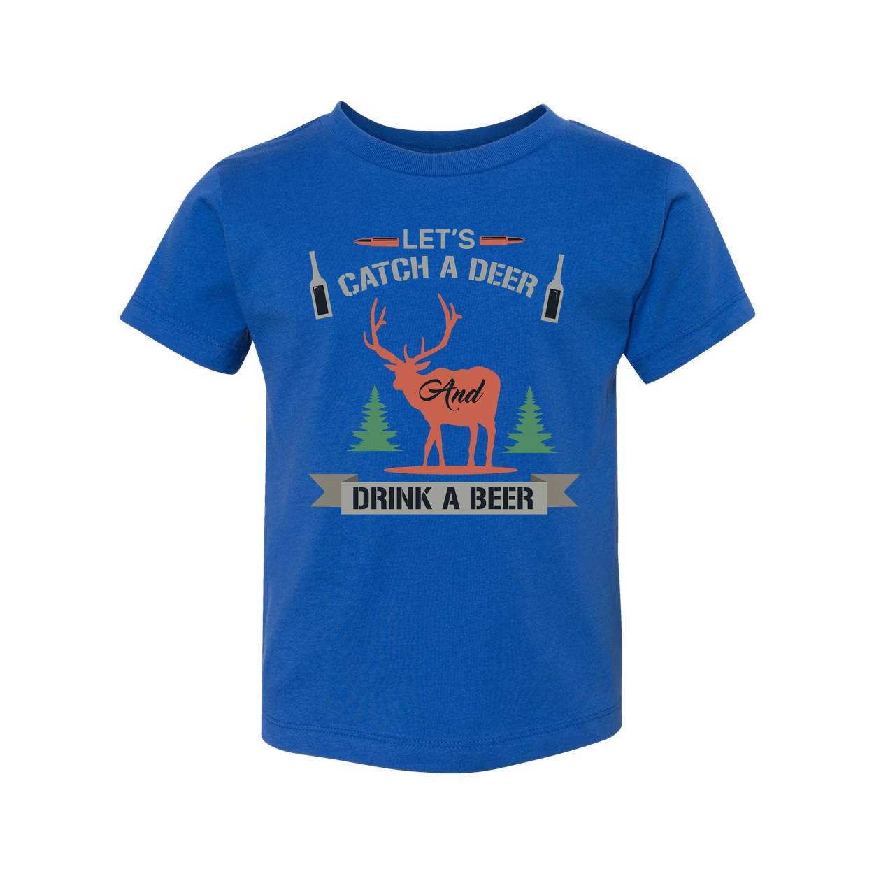 Hunting Themed Unisex T Shirt With Deer Silhouette Trees And Beer Banner Graphic