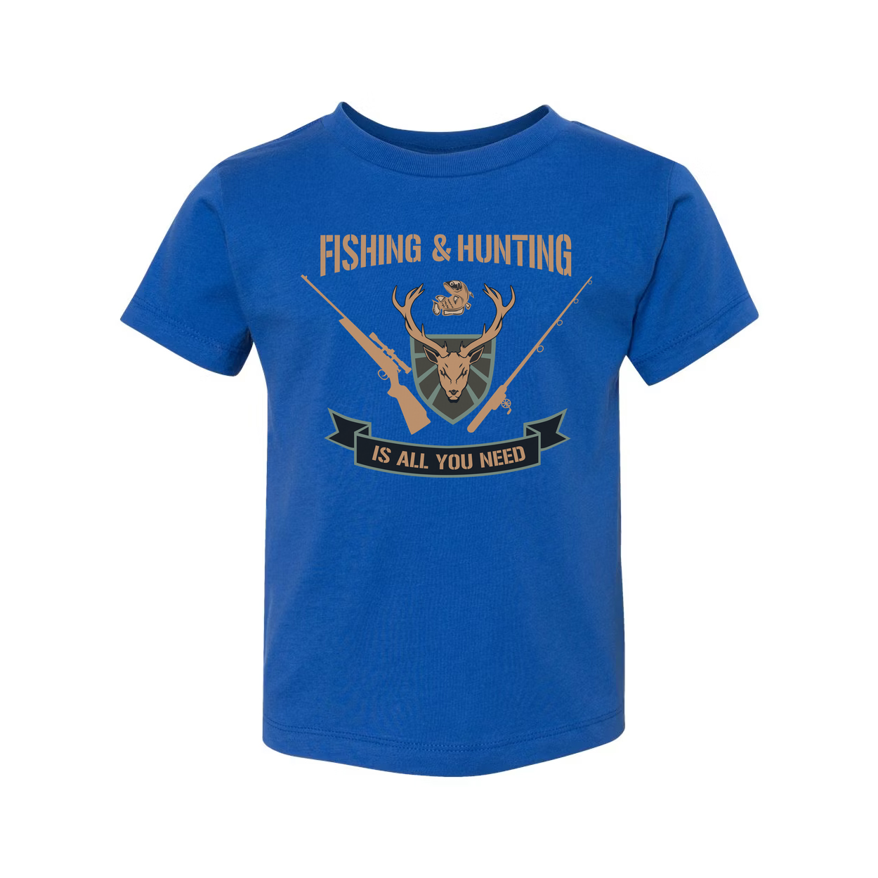 Fishing And Hunting Graphic Tee With Deer Crest Shield And Crossed Rifles For Outdoors Enthusiasts