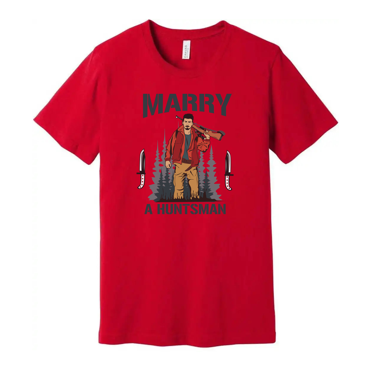 Marry A Huntsman Graphic Tee Unisex Hunting Themed Shirt With Forest Backdrop And Knife Motifs