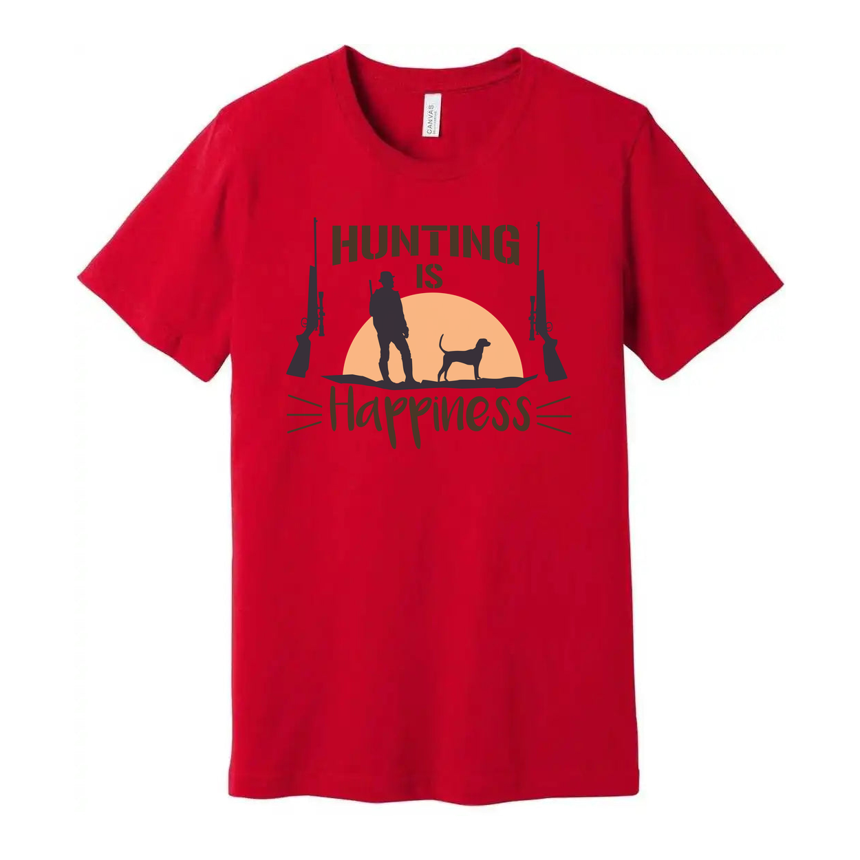 Hunting Is Happiness Unisex Graphic Tee With Hunter Silhouette, Dog, And Sunset Design