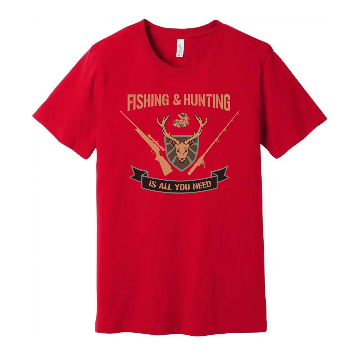 Fishing And Hunting Graphic Tee With Deer Crest Shield And Crossed Rifles For Outdoors Enthusiasts