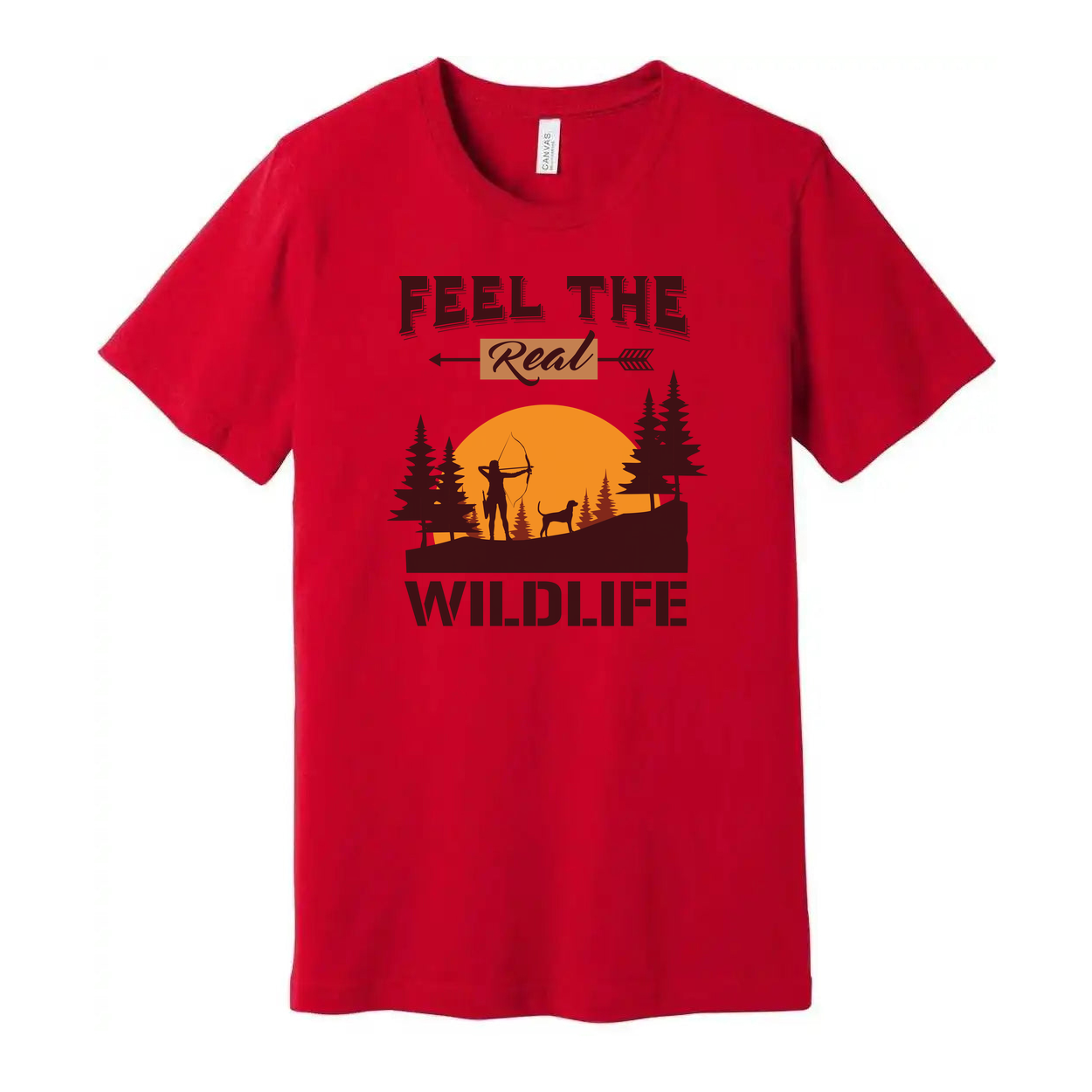 Feel The Real Wildlife Hunting Graphic Tee Unisex Sunset Archer Silhouette With Dog