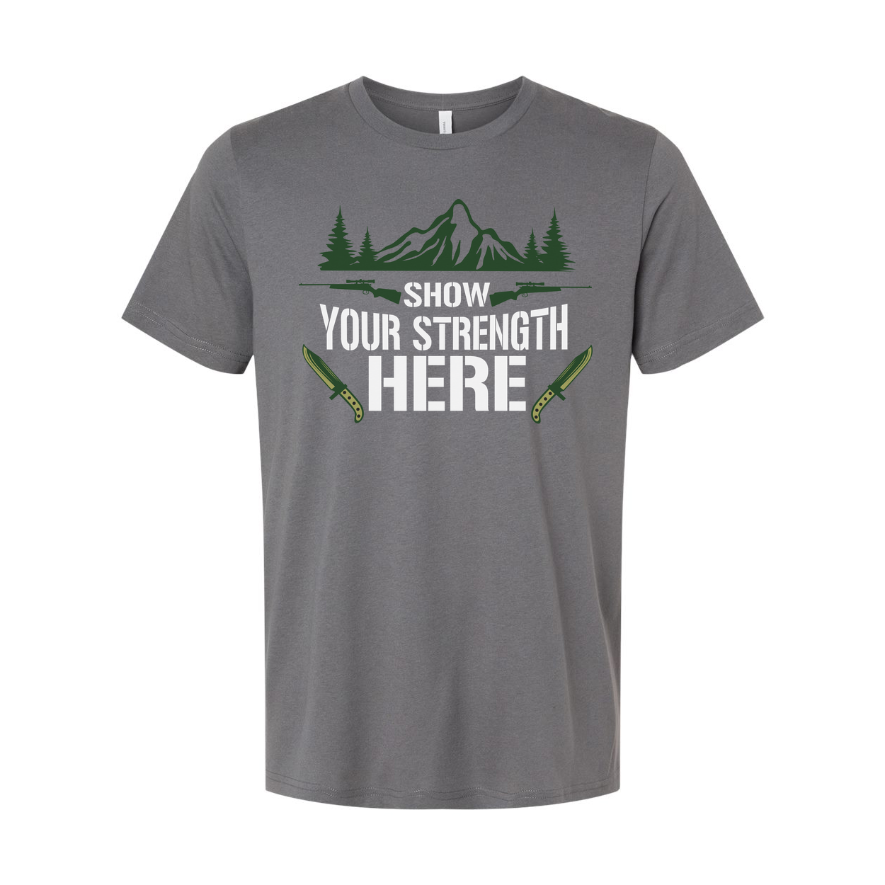 Hunting Unisex Graphic T Shirt With Mountain Scene And Knives Design