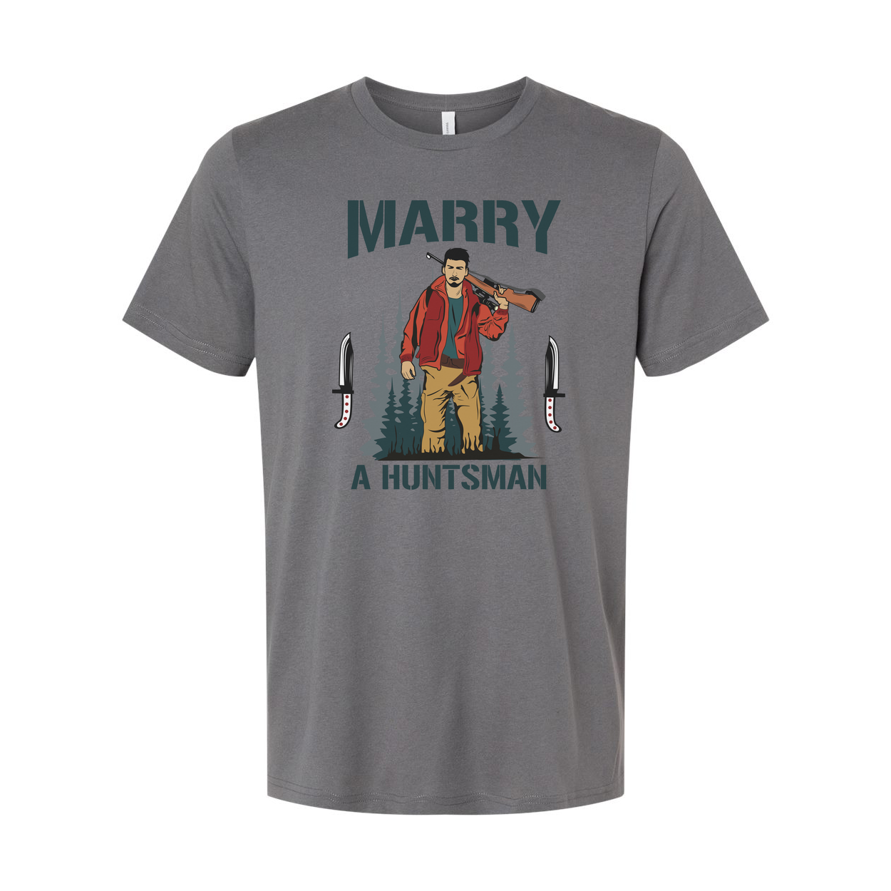 Marry A Huntsman Graphic Tee Unisex Hunting Themed Shirt With Forest Backdrop And Knife Motifs