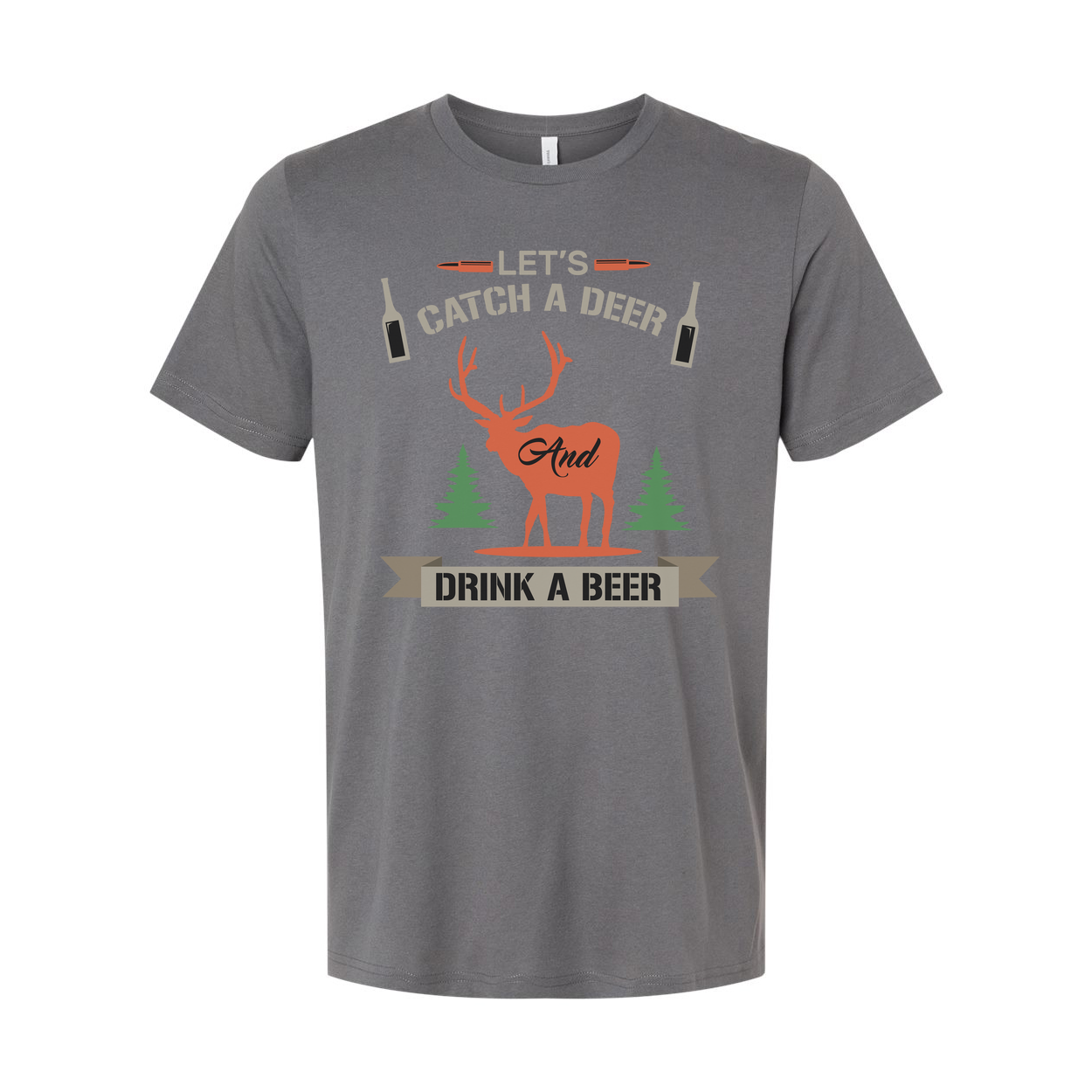 Hunting Themed Unisex T Shirt With Deer Silhouette Trees And Beer Banner Graphic