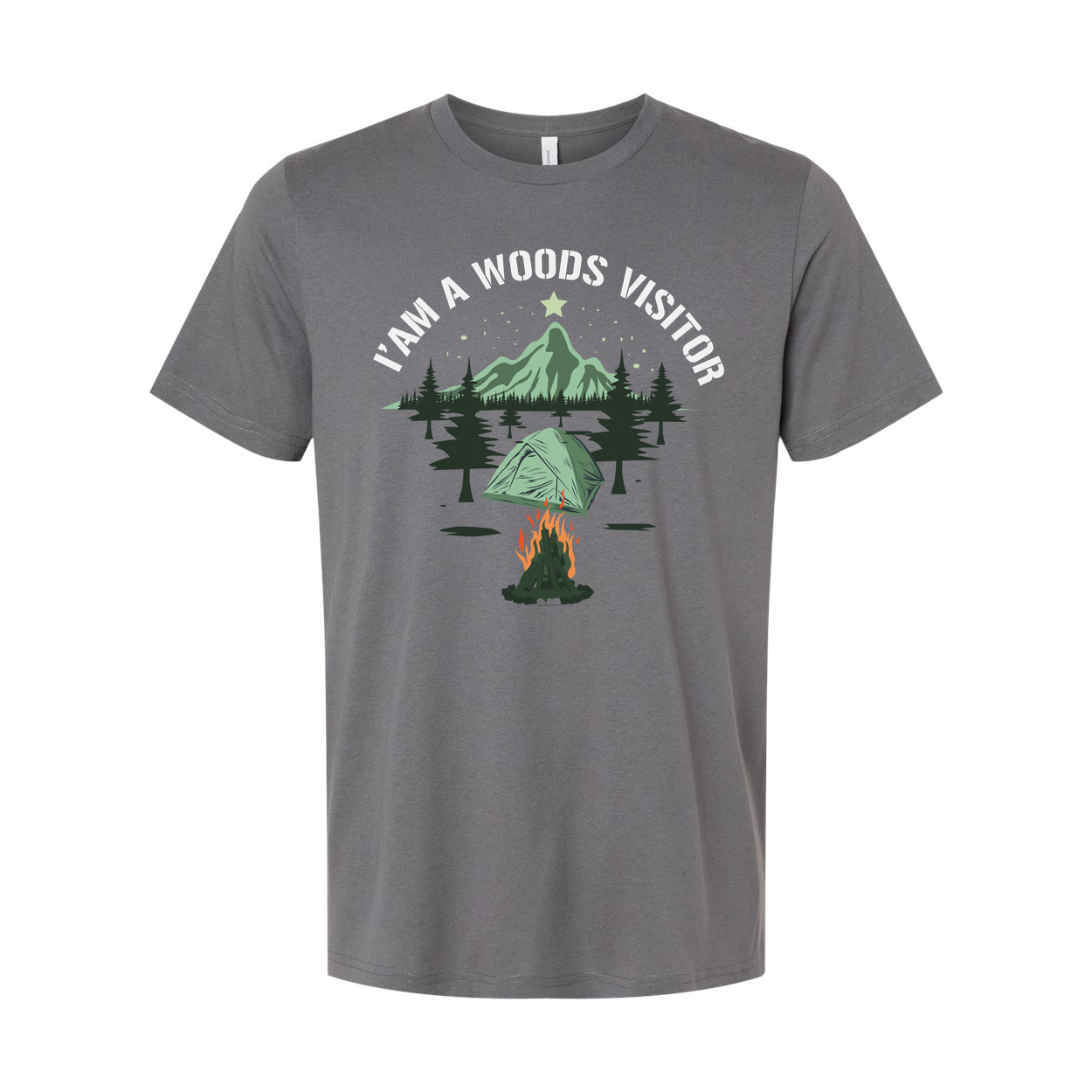 I Am A Woods Visitor Camping Tee With Tent Campfire And Mountain Forest Scenic Artwork