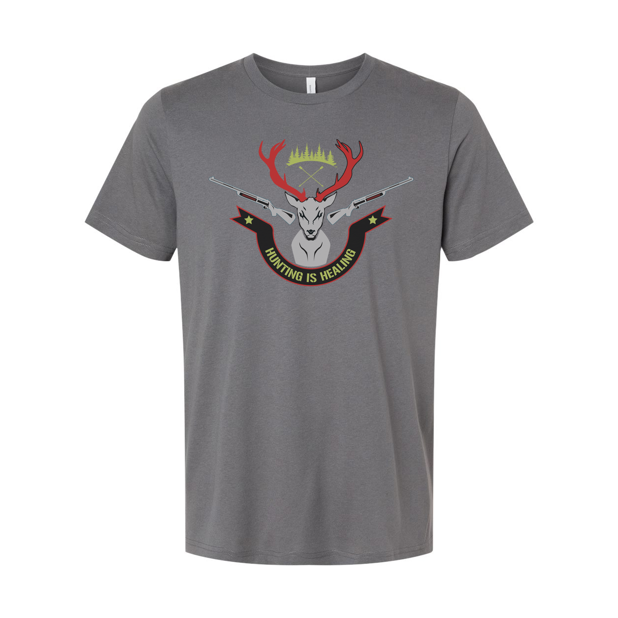 Unisex Hunting Graphic Tee With Deer Crest And Crossed Rifles Reading Hunting Is Healing