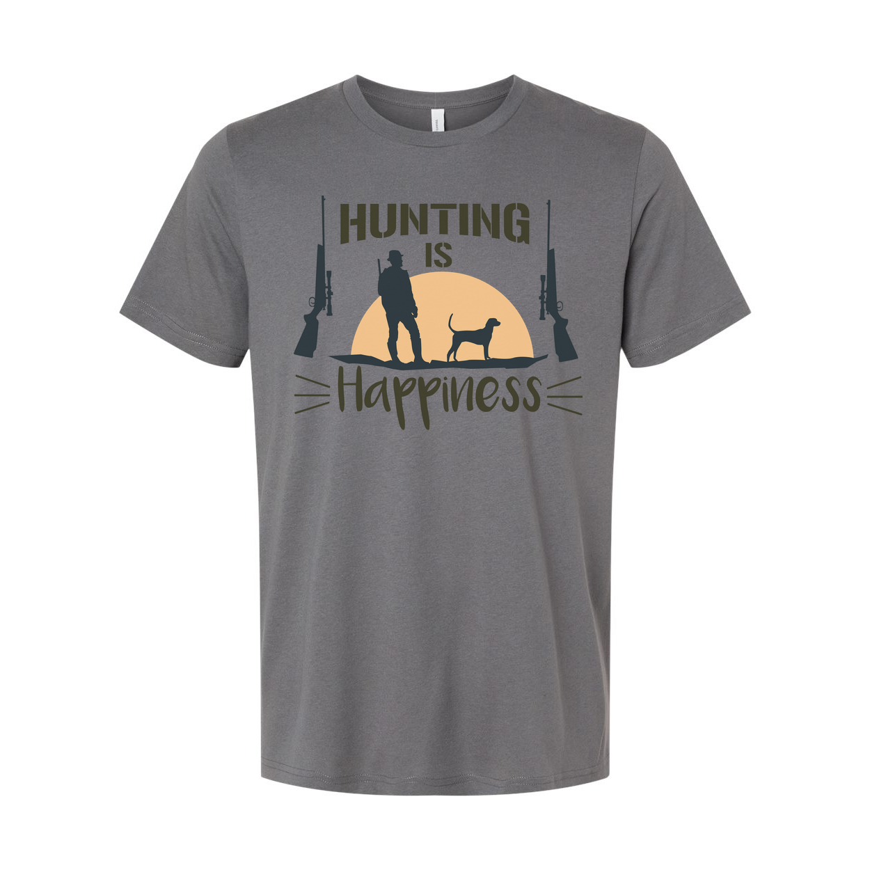 Hunting Is Happiness Unisex Graphic Tee With Hunter Silhouette, Dog, And Sunset Design