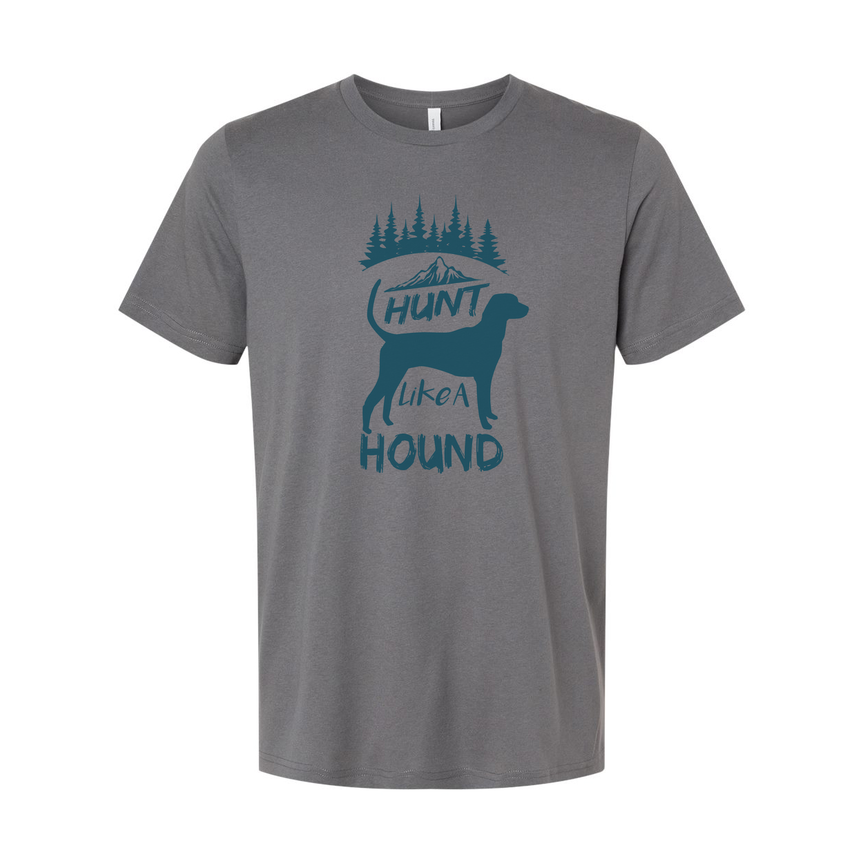 Hunt Like A Hound Graphic T Shirt With Mountain Scene And Pine Forest Artwork For Outdoors Fans