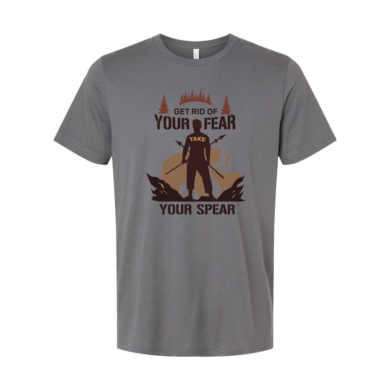 Hunting Graphic Tee With Silhouette Hunter Holding Spear In Forest Scene Artwork