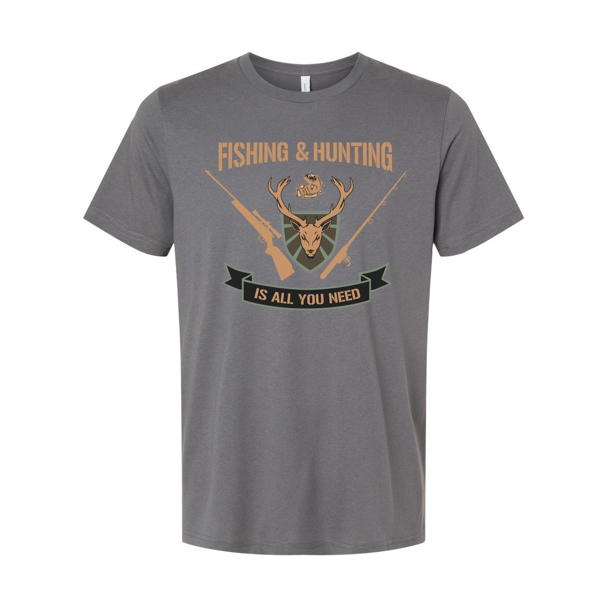 Fishing And Hunting Graphic Tee With Deer Crest Shield And Crossed Rifles For Outdoors Enthusiasts