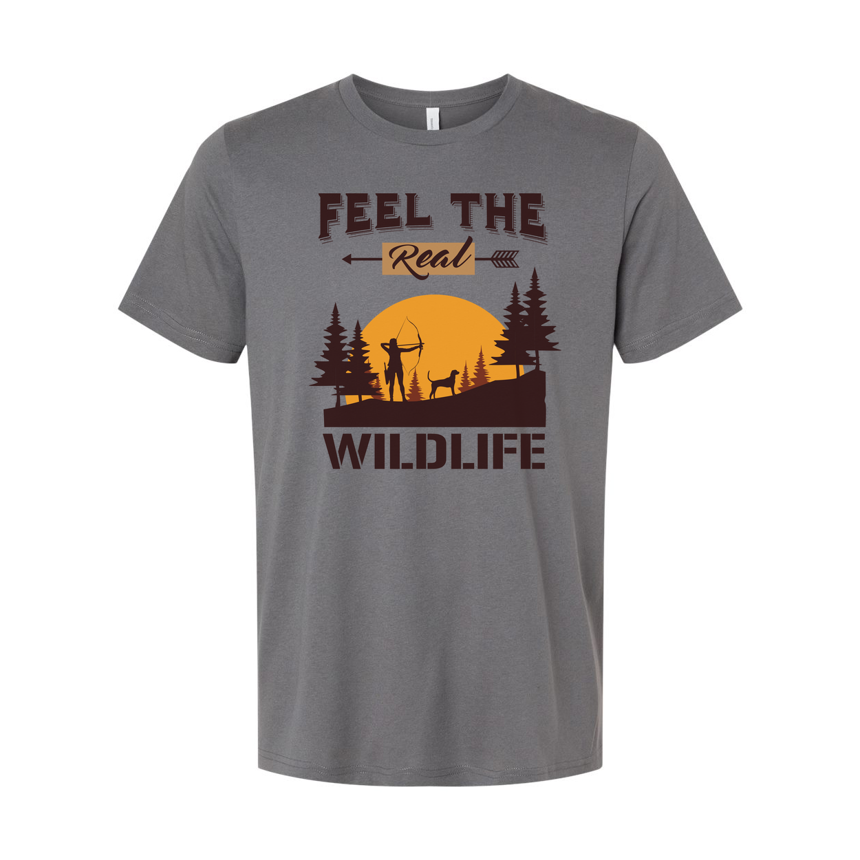 Feel The Real Wildlife Hunting Graphic Tee Unisex Sunset Archer Silhouette With Dog