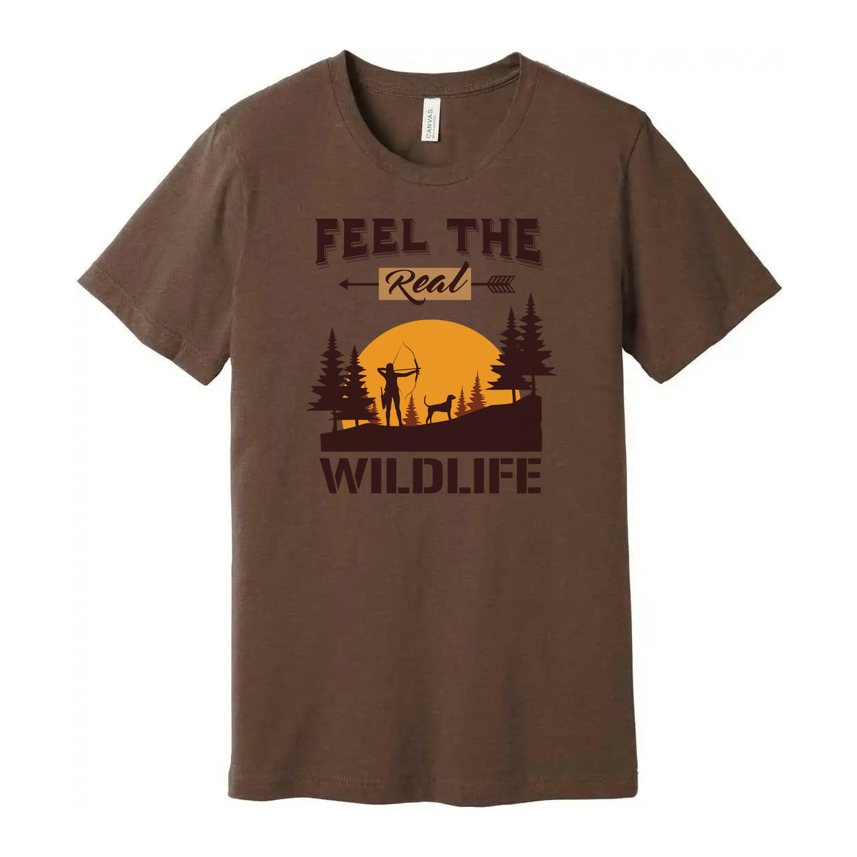 Feel The Real Wildlife Hunting Graphic Tee Unisex Sunset Archer Silhouette With Dog
