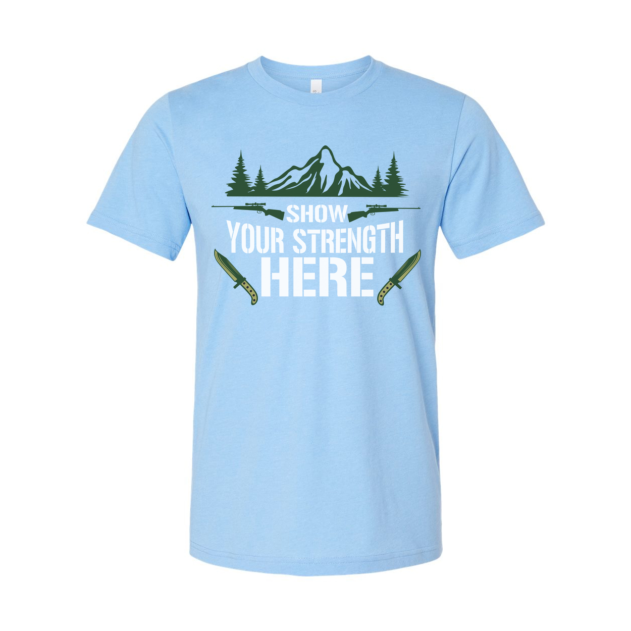 Hunting Unisex Graphic T Shirt With Mountain Scene And Knives Design