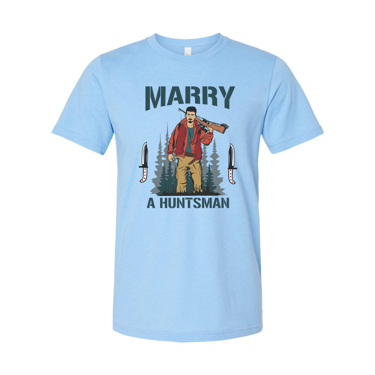 Marry A Huntsman Graphic Tee Unisex Hunting Themed Shirt With Forest Backdrop And Knife Motifs