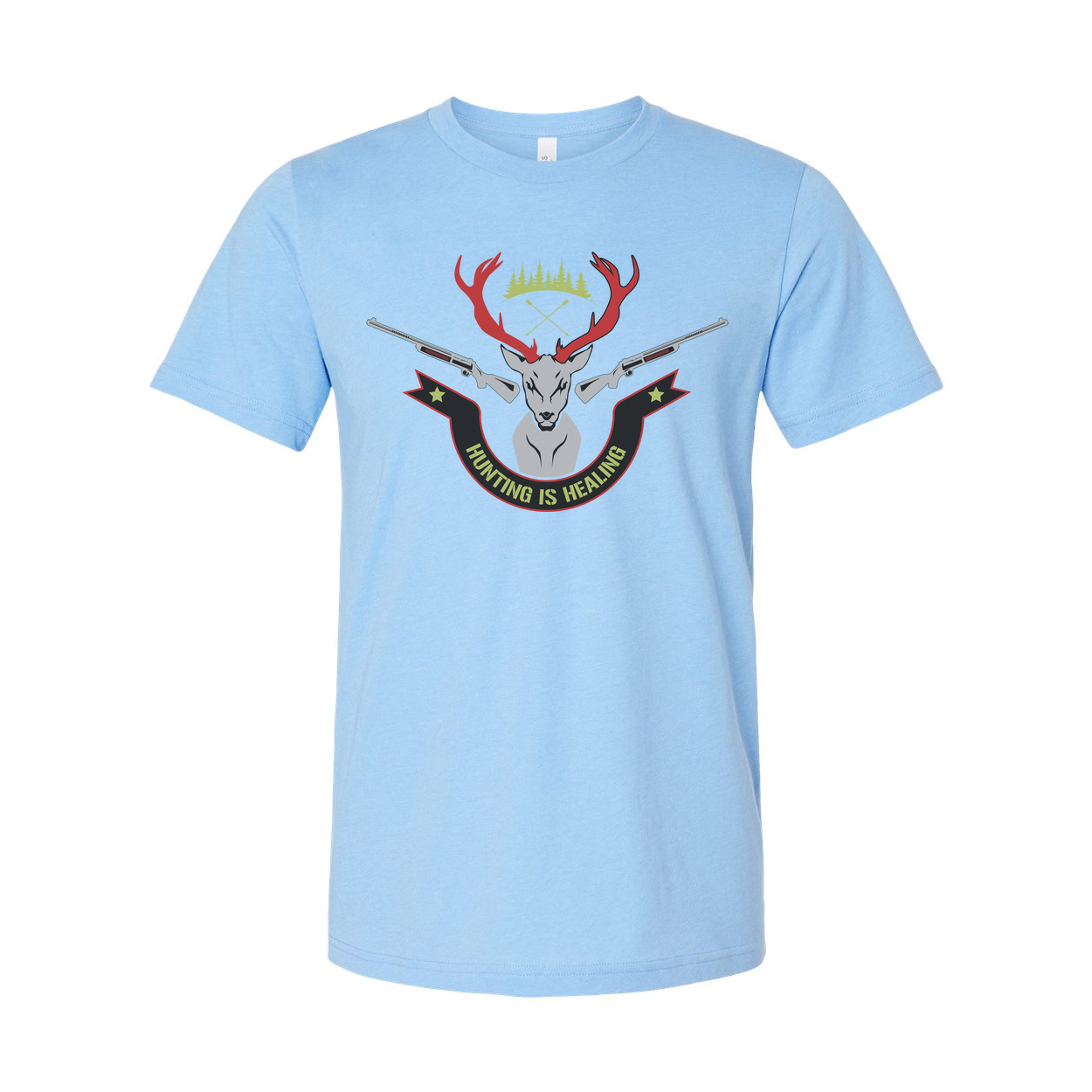 Unisex Hunting Graphic Tee With Deer Crest And Crossed Rifles Reading Hunting Is Healing