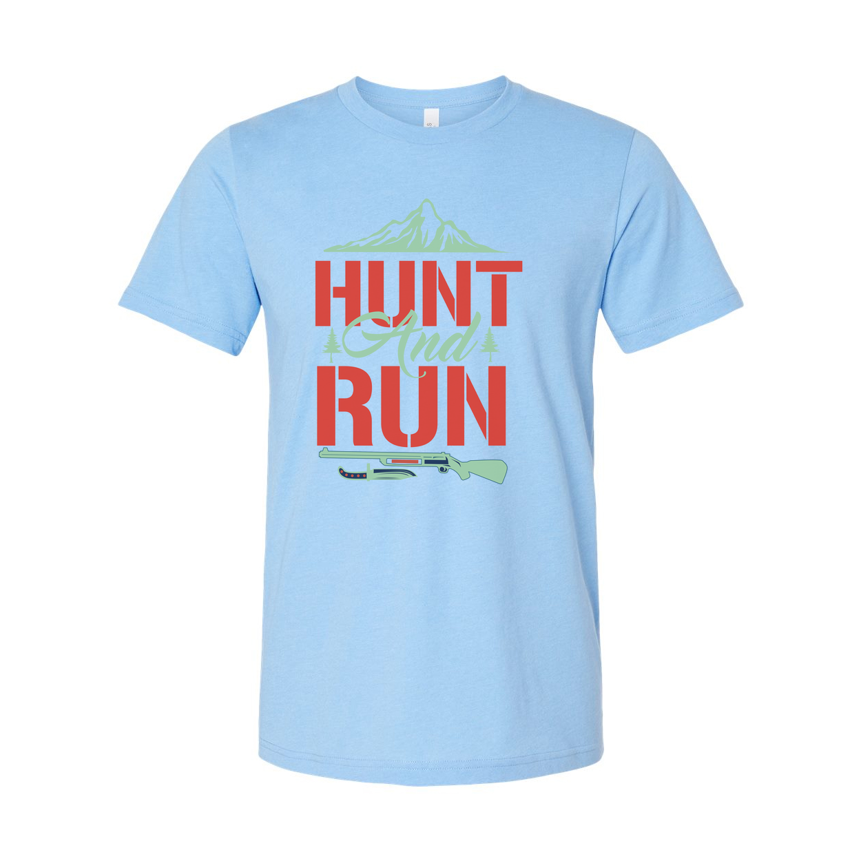 Hunt And Run Graphic Tee Featuring Mountain Landscape And Rifle Silhouette For Hunters