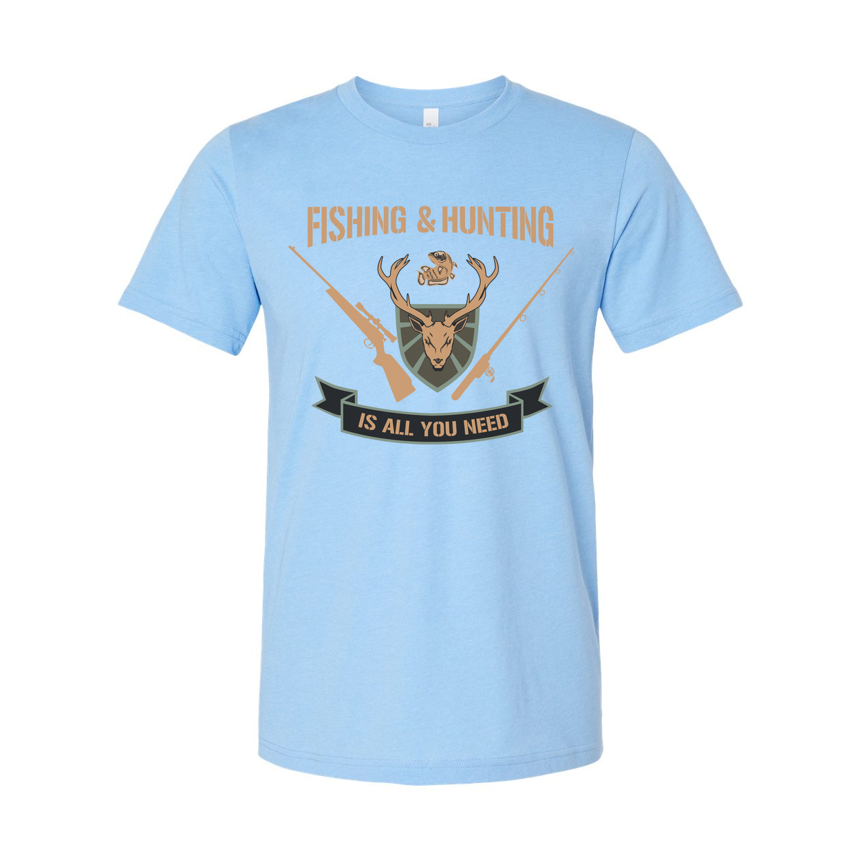 Fishing And Hunting Graphic Tee With Deer Crest Shield And Crossed Rifles For Outdoors Enthusiasts