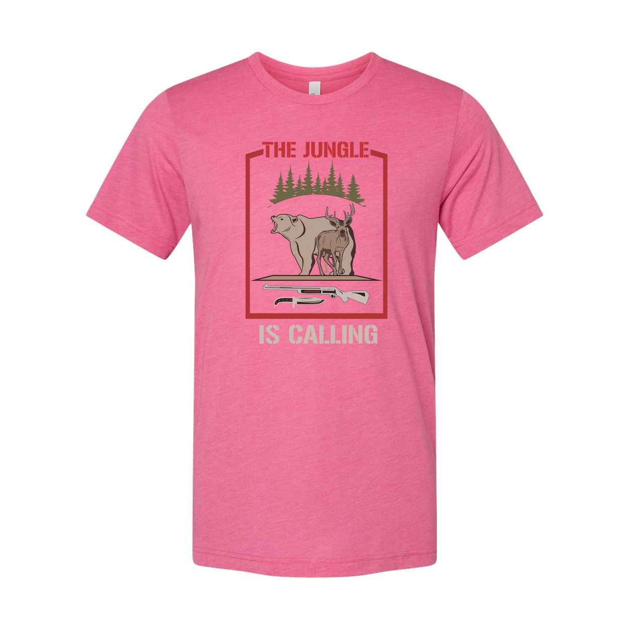Unisex Hunting T Shirt With Jungle Scene And Forest Border Bear And Deer Illustration
