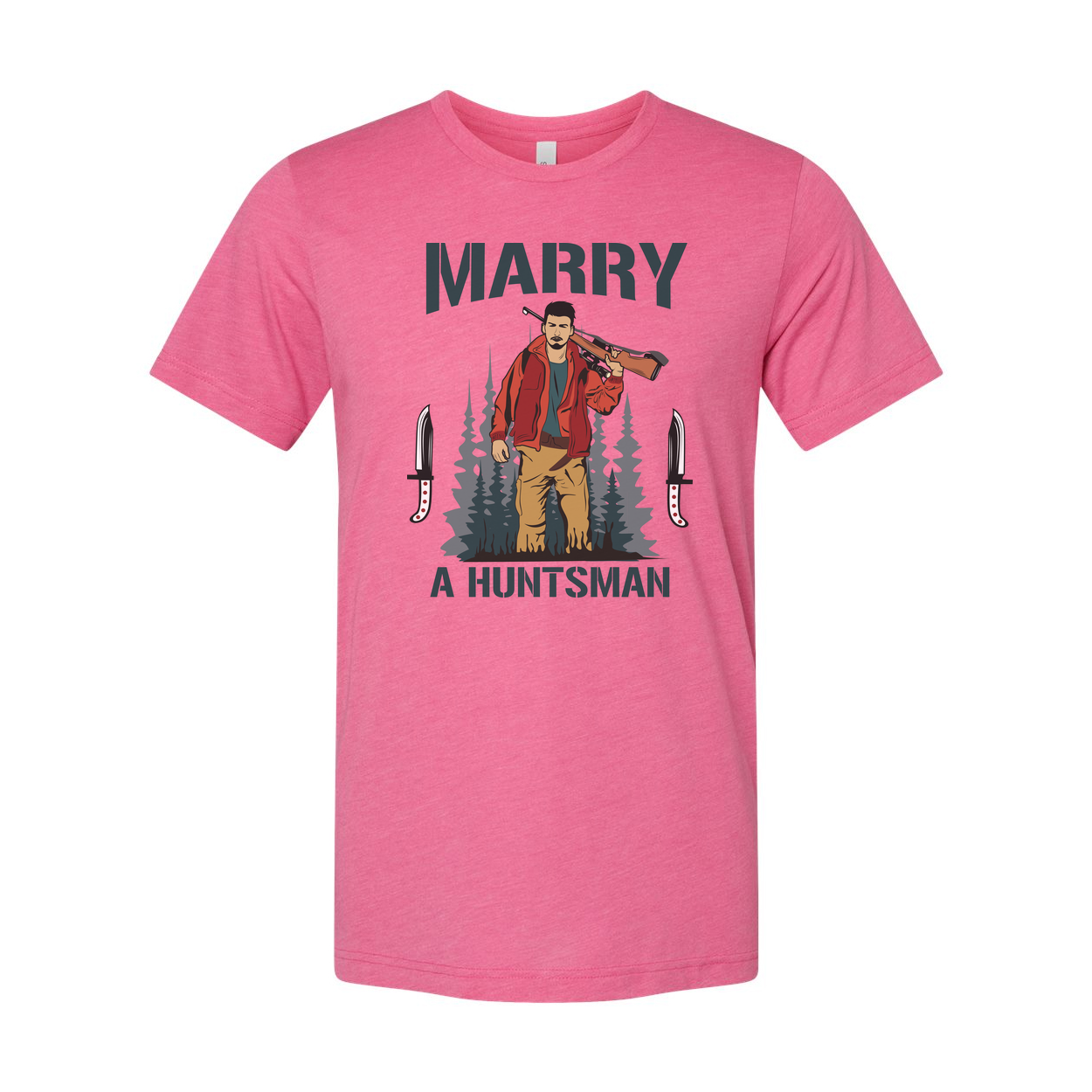 Marry A Huntsman Graphic Tee Unisex Hunting Themed Shirt With Forest Backdrop And Knife Motifs