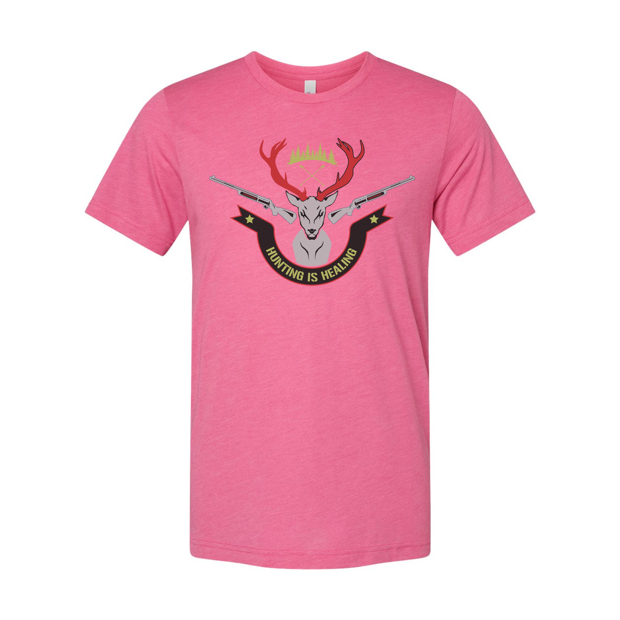 Unisex Hunting Graphic Tee With Deer Crest And Crossed Rifles Reading Hunting Is Healing