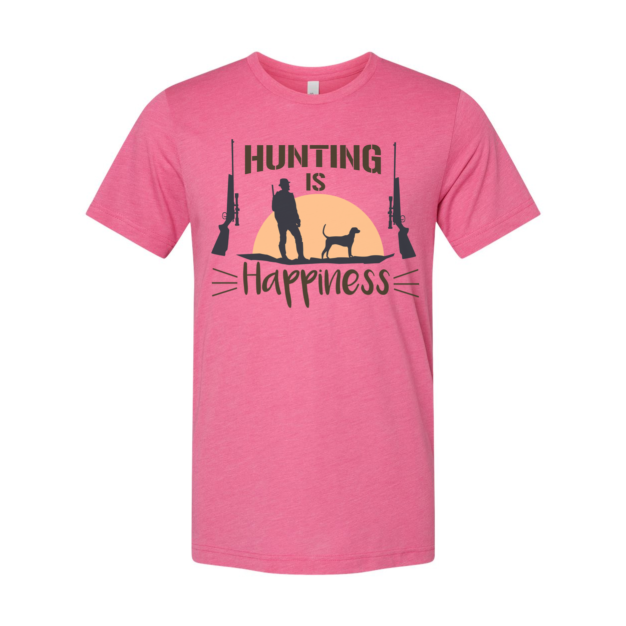 Hunting Is Happiness Unisex Graphic Tee With Hunter Silhouette, Dog, And Sunset Design