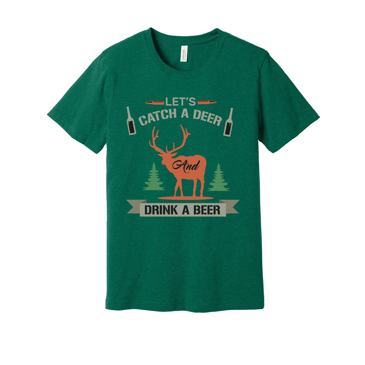 Hunting Themed Unisex T Shirt With Deer Silhouette Trees And Beer Banner Graphic