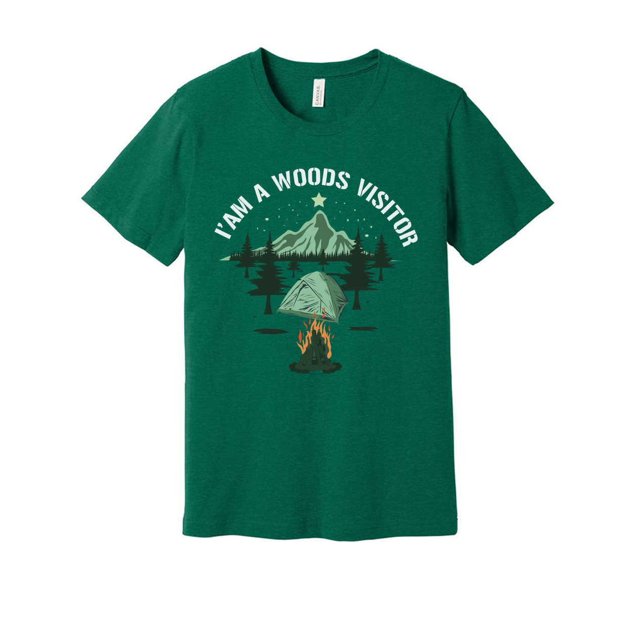 I Am A Woods Visitor Camping Tee With Tent Campfire And Mountain Forest Scenic Artwork