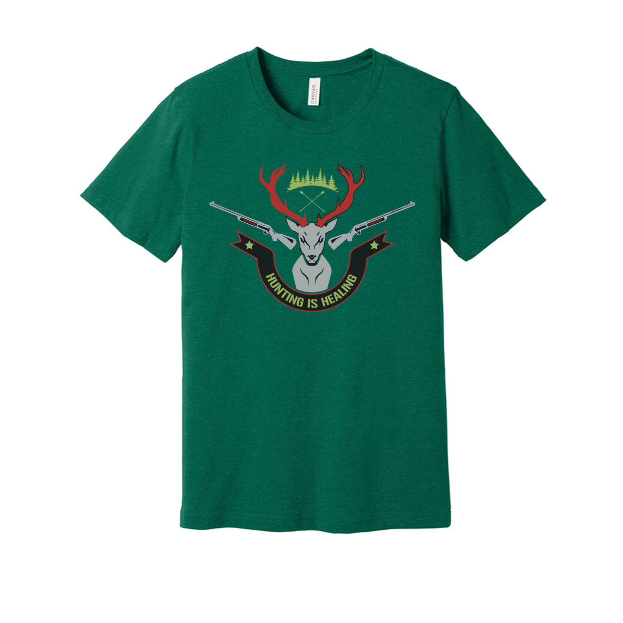 Unisex Hunting Graphic Tee With Deer Crest And Crossed Rifles Reading Hunting Is Healing